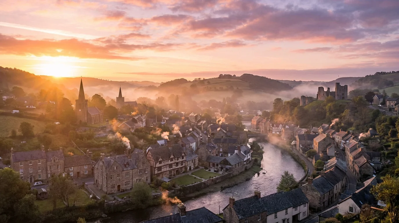Dawn light spreading over hills above a quiet valley town.
