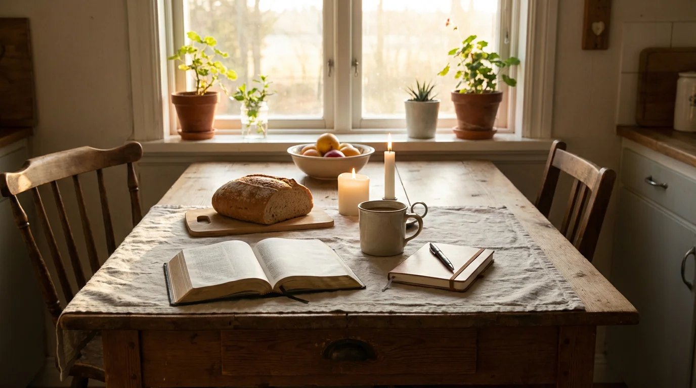 Morning light over a small kitchen table set for prayer and planning.