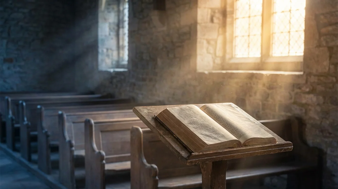 A quiet chapel at dawn with an open Bible bathed in soft light.