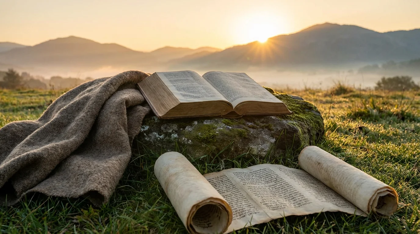 An open Bible in dawn light beside a folded cloak and parchments.