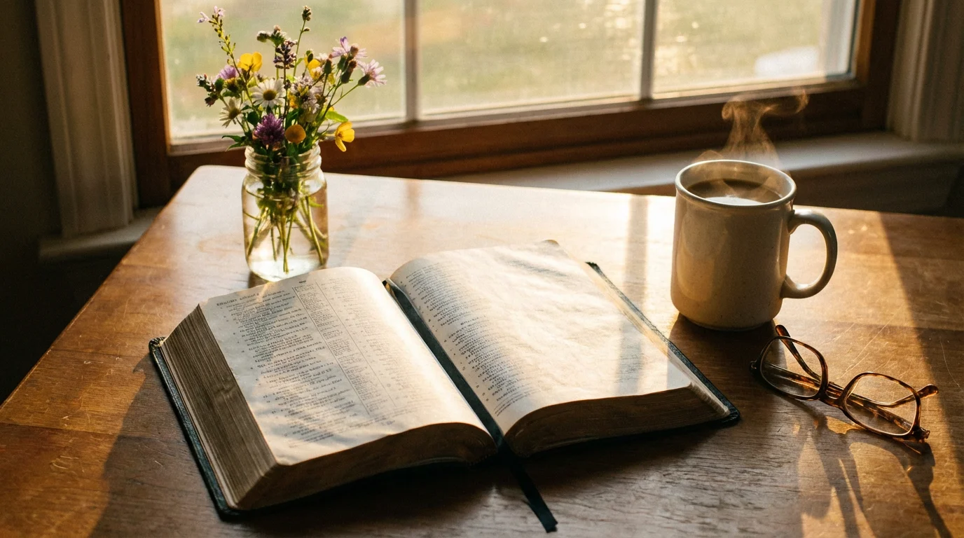 Open Bible on a wooden table in warm morning light with a mug.