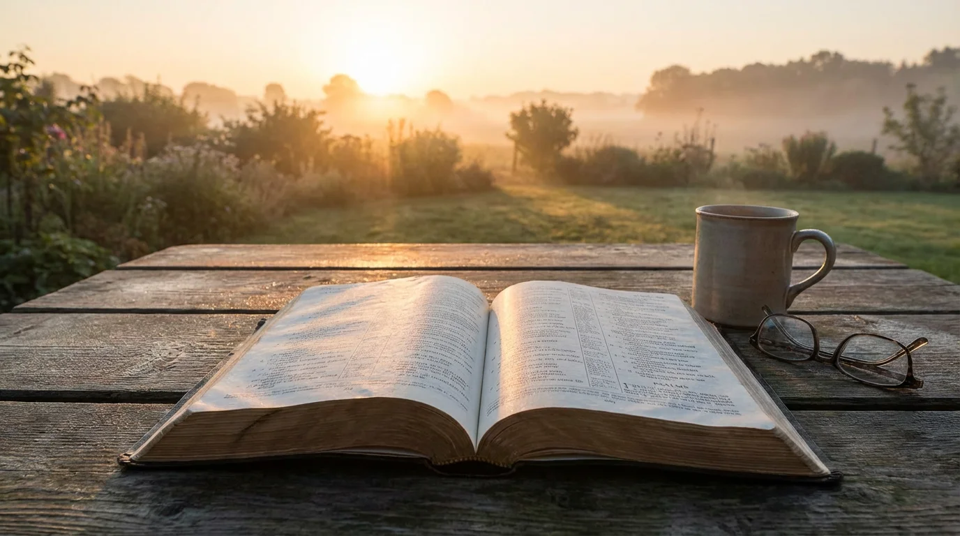 Open Bible on a wooden table at dawn beside a warm mug.