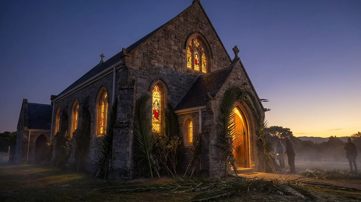 A calm pre-dawn church scene with palm branches and gentle light.