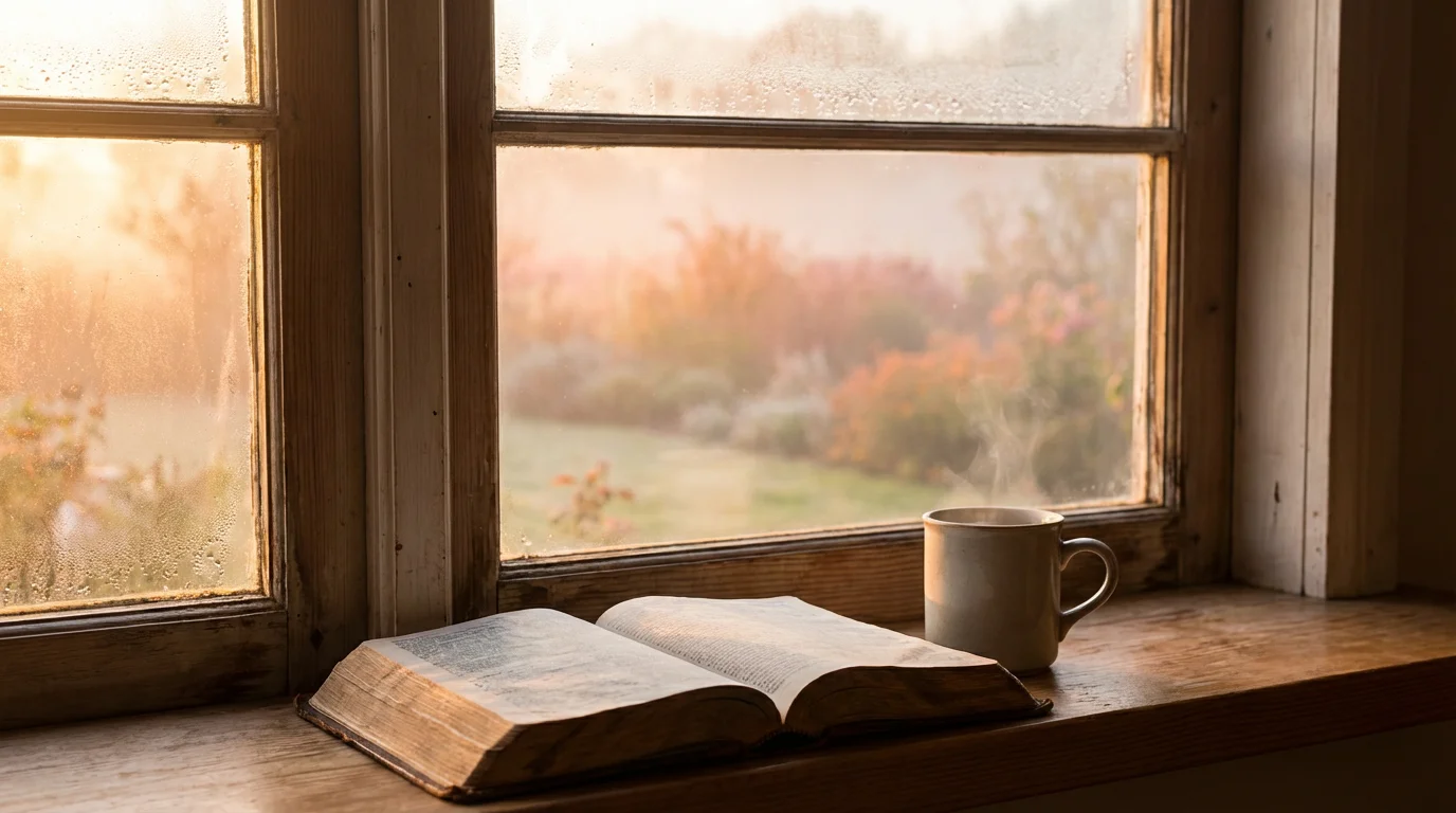 A peaceful dawn scene with an open window, a Bible, and gentle light.