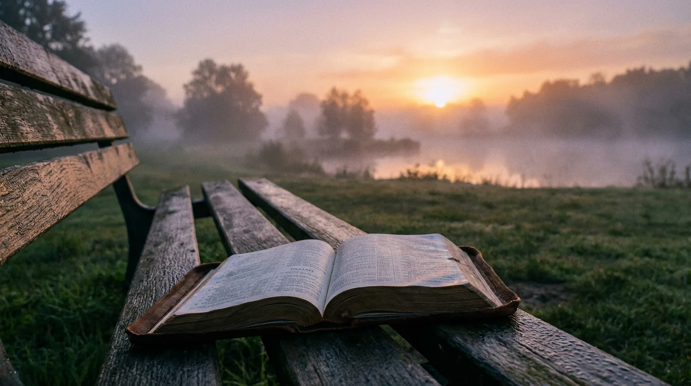 An open Bible on a bench at dawn in a quiet misty field, suggesting hope.