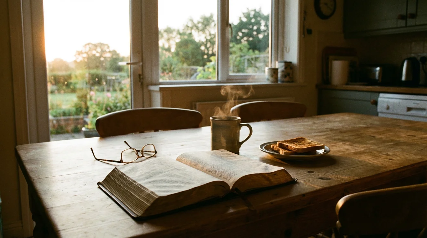 A peaceful dawn-lit kitchen table with an open Bible and a warm mug.
