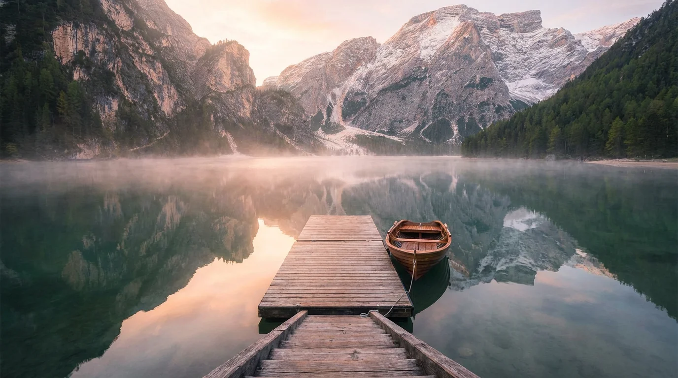Soft dawn light over a still mountain lake and a simple wooden dock.