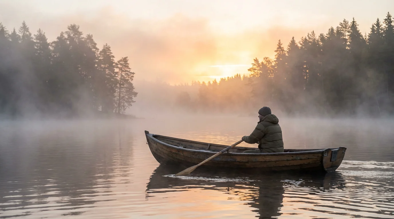A small boat on a misty lake at dawn, calm and inviting.