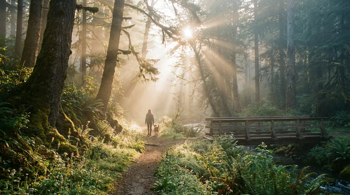 Soft dawn light touches a quiet forest trail, suggesting hope and perseverance.