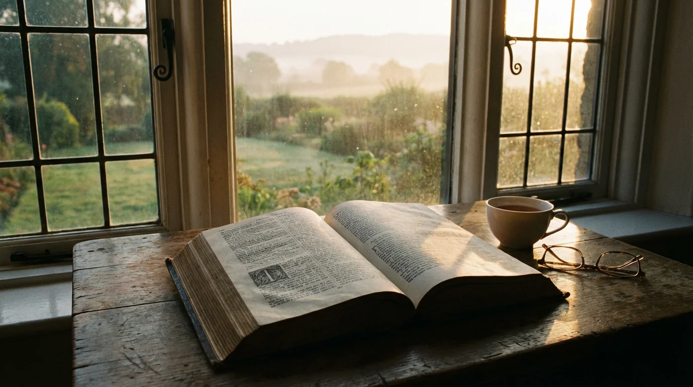 An open Bible by a window at dawn, suggesting quiet hope and expectancy.