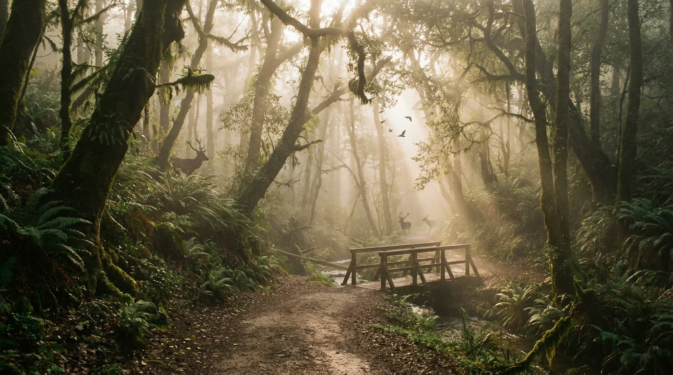 Soft morning light breaks through a misty forest path, suggesting a hopeful journey.