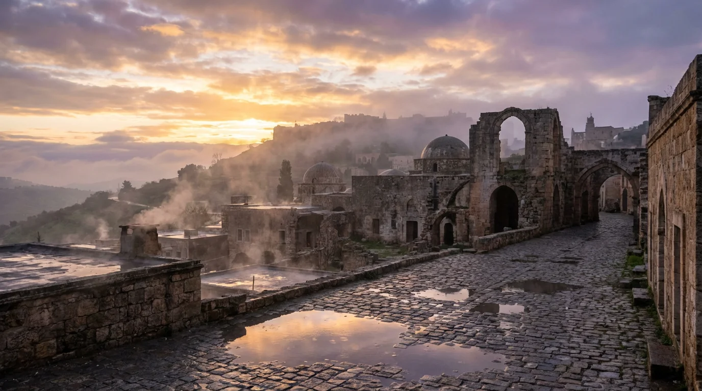 Dawn light breaking over an ancient city, signaling hope after a storm.