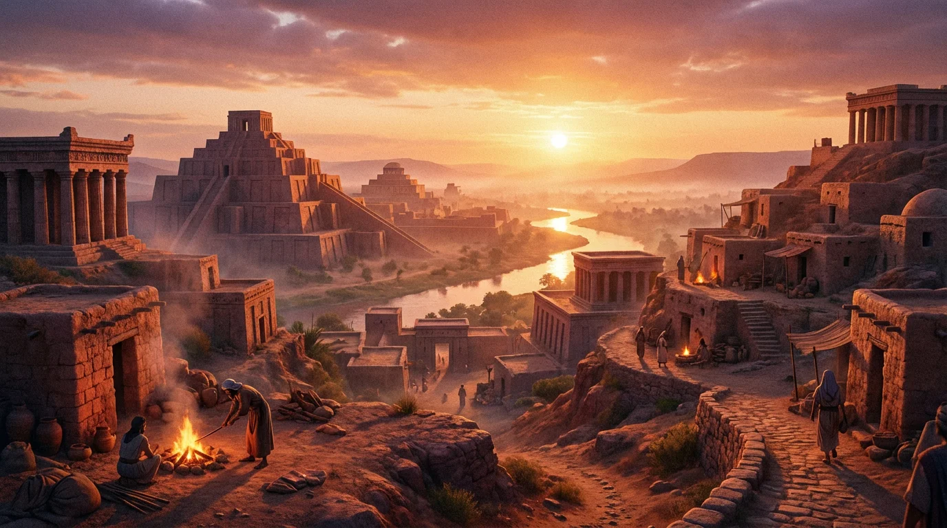 Dawn breaks over an ancient city, suggesting quiet hope and continuity.