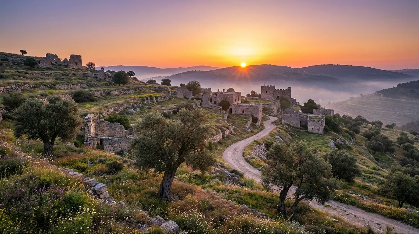 Gentle sunrise over ancient hill country, symbolizing hope after hardship.