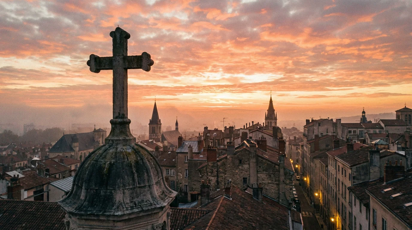 A dawn-lit city with a church cross rising quietly above the rooftops.