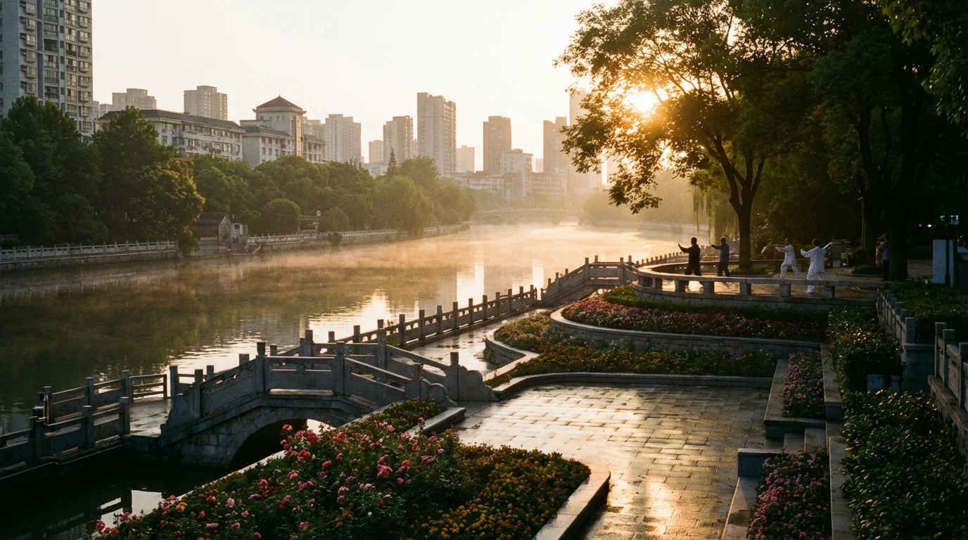 A peaceful city at dawn with a river and gardens, glowing with gentle light.