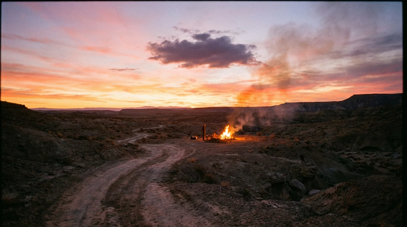 A desert path at dawn with a distant cloud and gentle firelight suggesting guidance.
