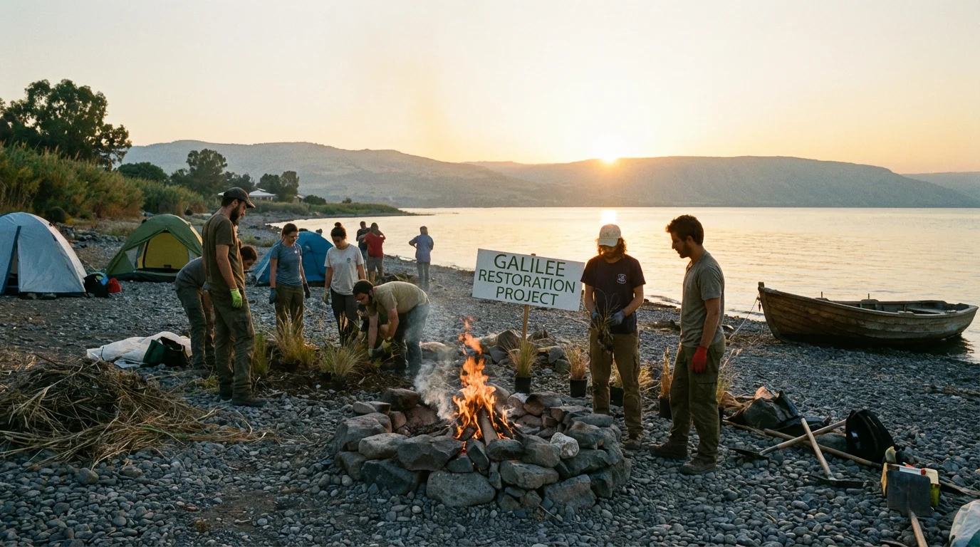 Quiet Galilean shoreline at dawn with a small fire suggesting restoration.