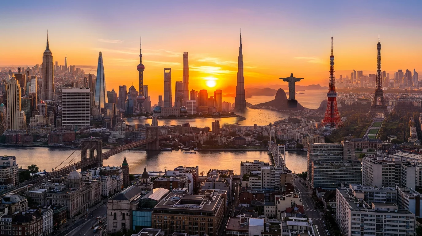 Sunrise over diverse global cityscapes, signaling hope for a new day.