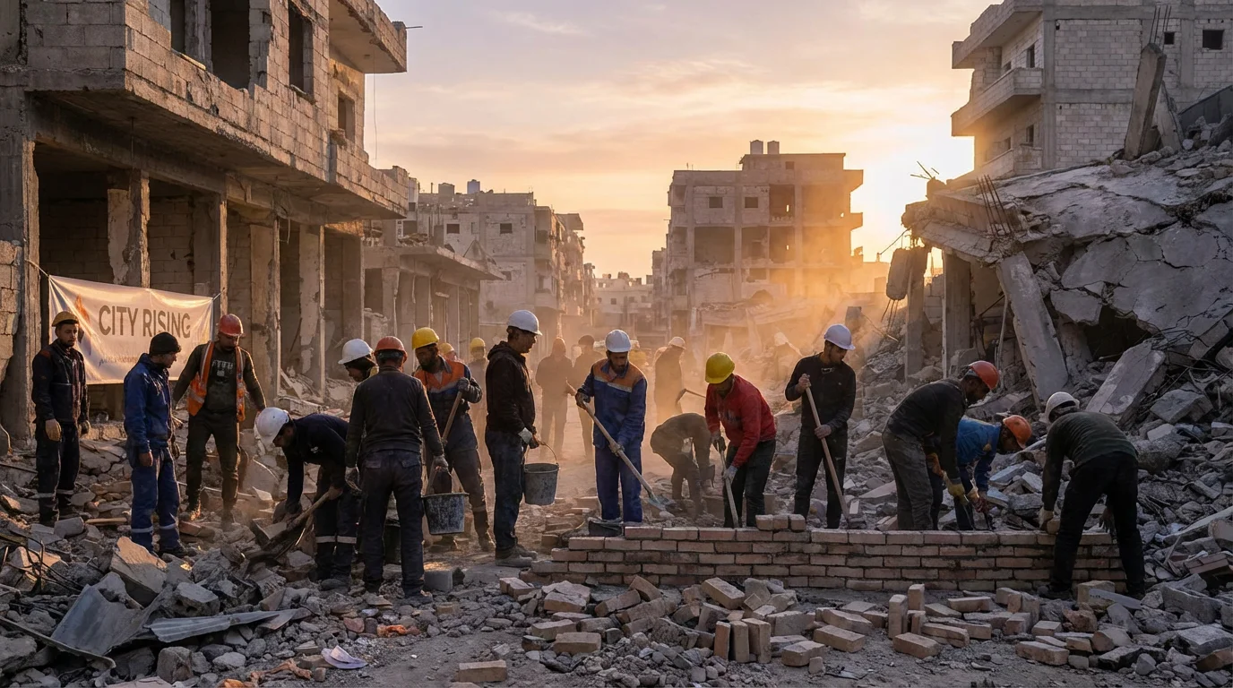 A small group returns at dawn to a ruined city, ready to rebuild.