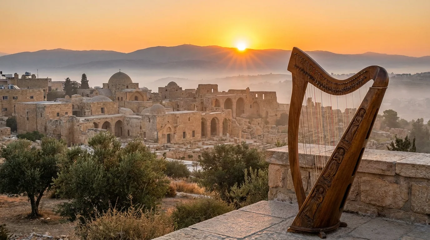 A gentle sunrise over an ancient city with a harp in the foreground.