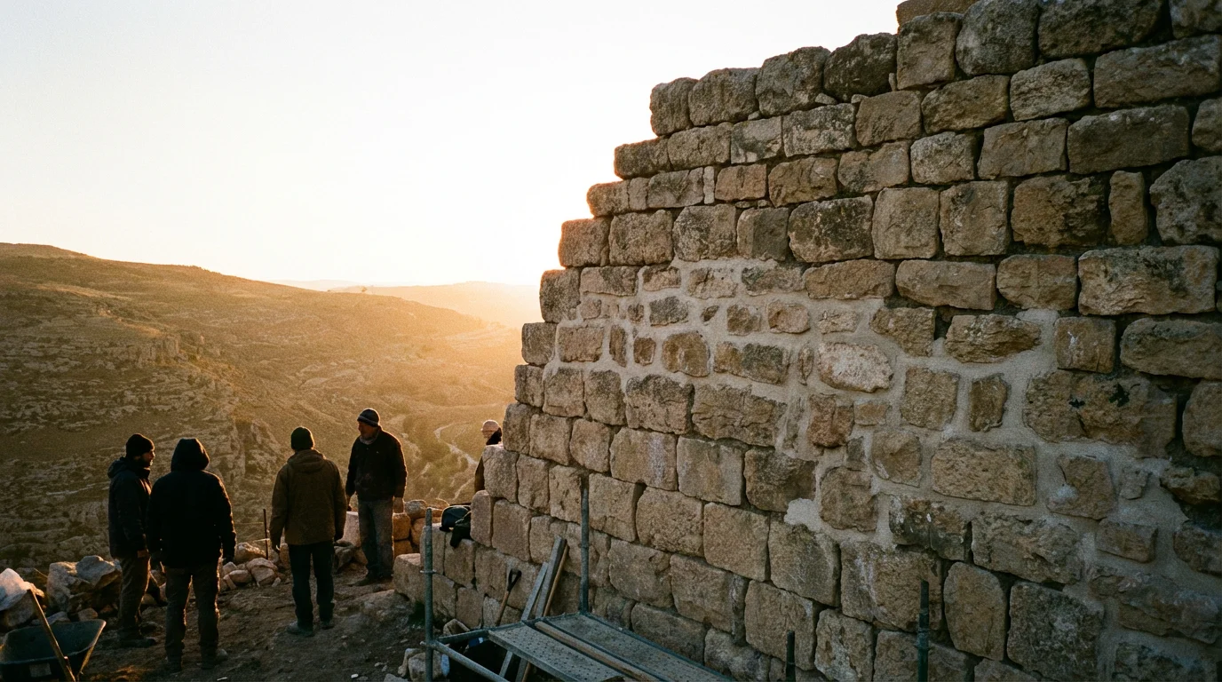 Dawn light over an ancient wall being rebuilt, suggesting hope and resolve.
