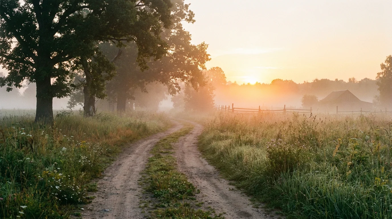 A misty field path at first light suggesting hope after a long night.
