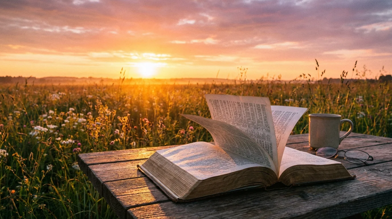 A peaceful sunrise over fields with an open Bible on a wooden table.