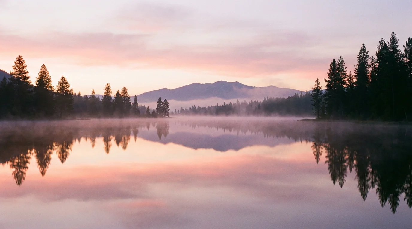 Soft dawn light over a still lake invites quiet reflection.