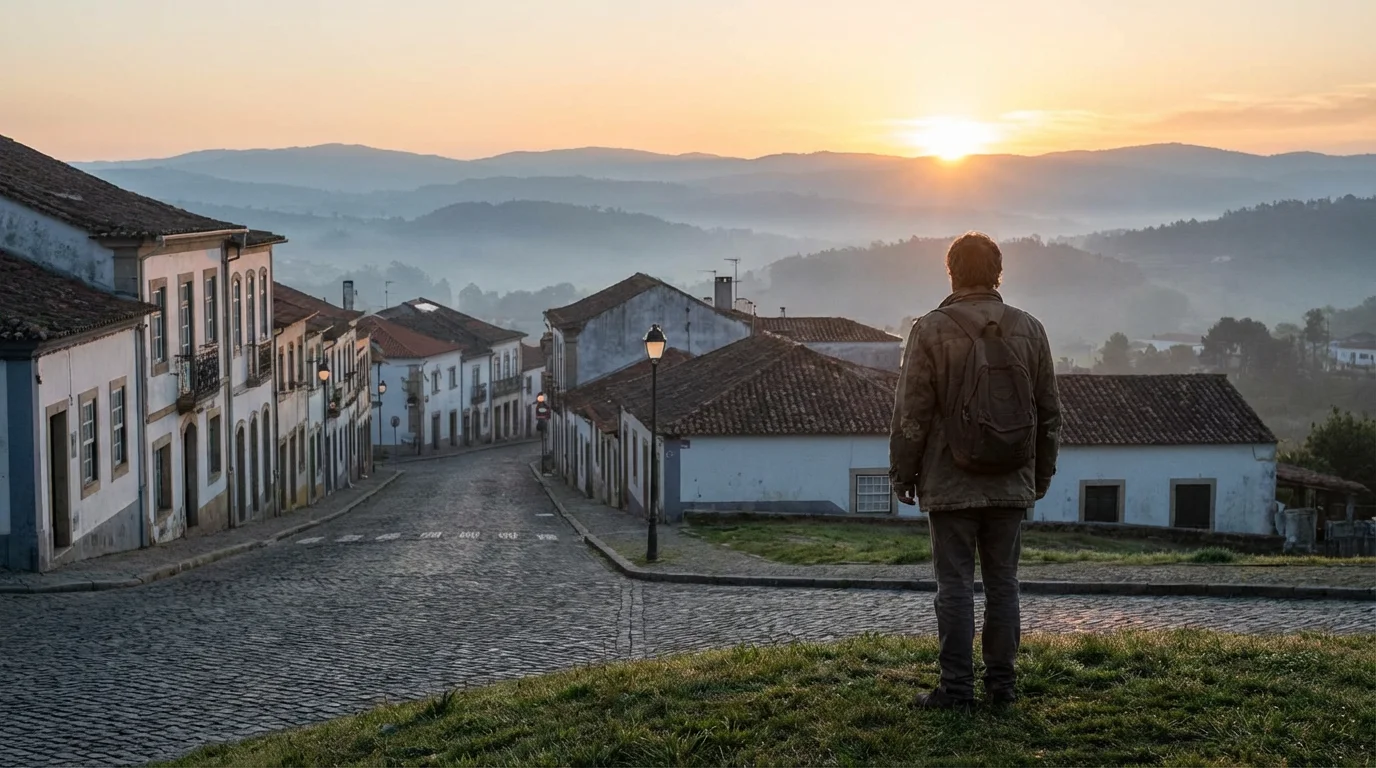 A quiet town at dawn with a person watching the brightening horizon in hope.
