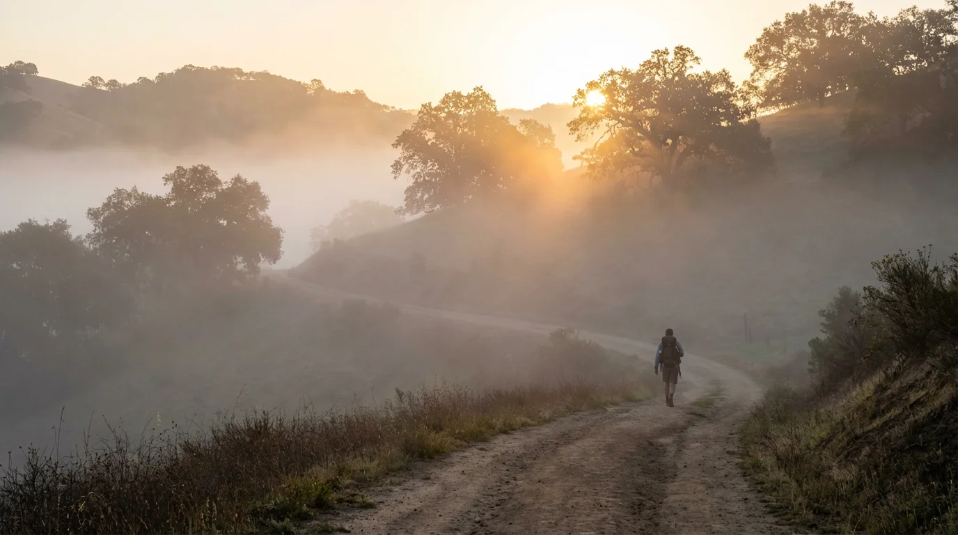 A quiet valley at dawn with mist and a simple path suggesting hope.