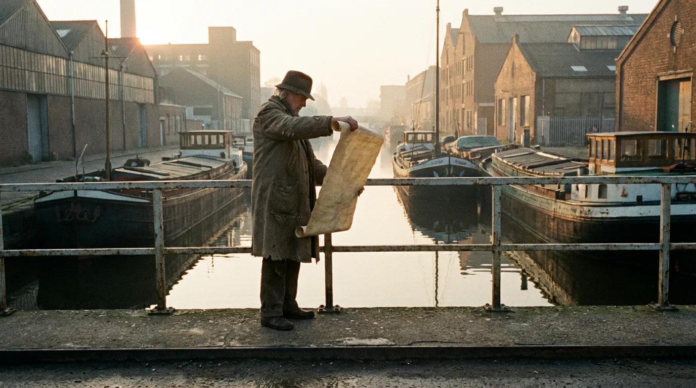 A calm canal at dawn with a solitary figure holding a scroll, evoking hopeful exile.