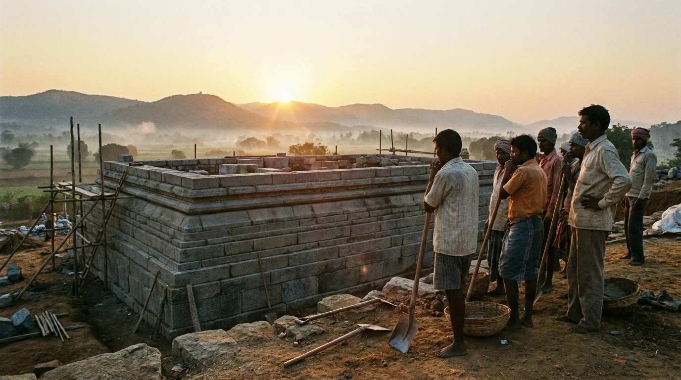 Sunrise over a temple foundation with workers pausing to begin again.