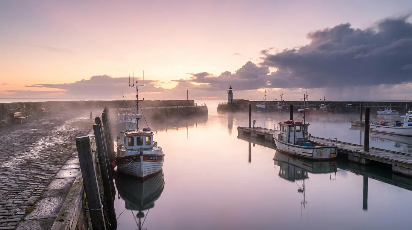 Soft dawn light breaks over a calm harbor after a storm.