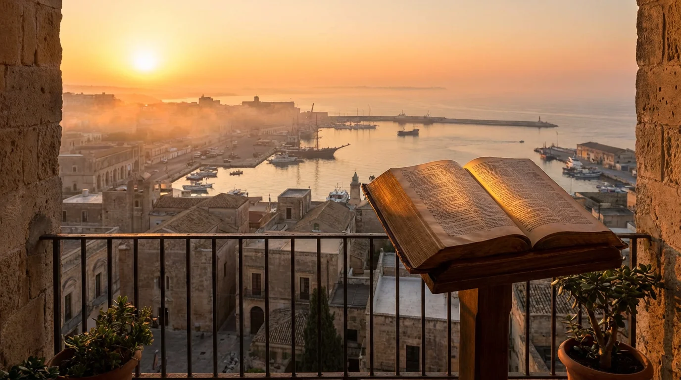 A peaceful dawn view over a harbor city with an open Bible on a balcony table.