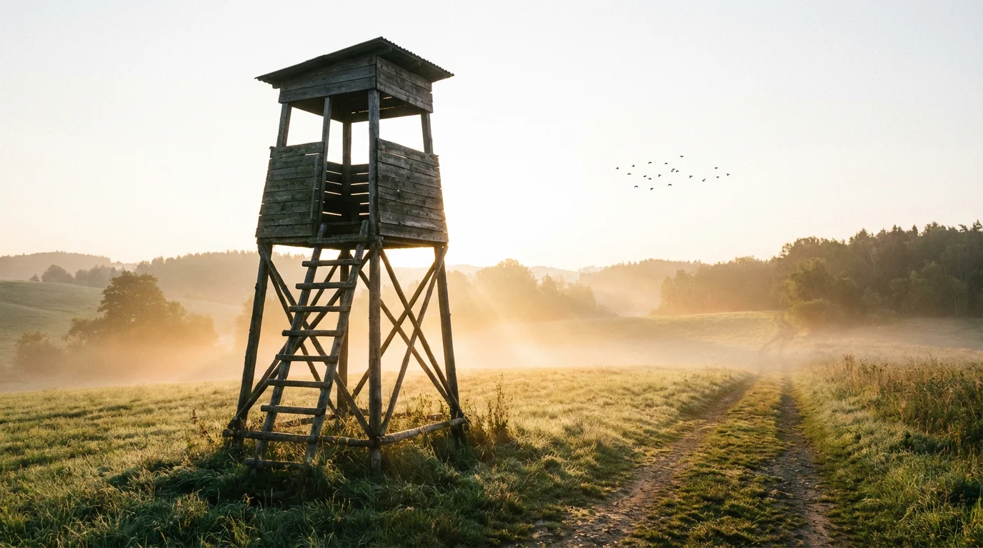 A sunrise over a wooden watchtower in a misty field invites quiet waiting.