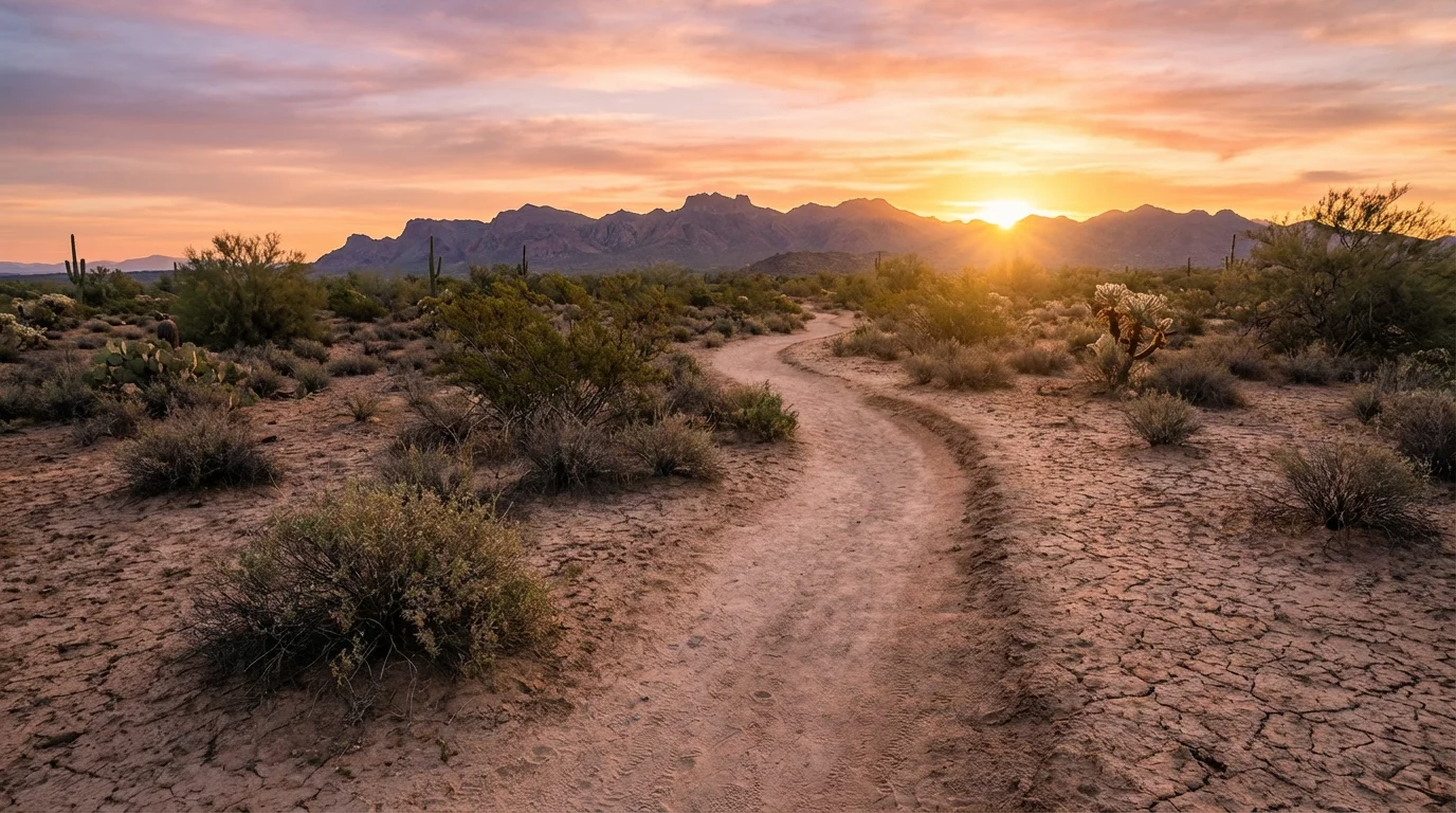 Sunrise over a quiet desert path suggesting renewal.