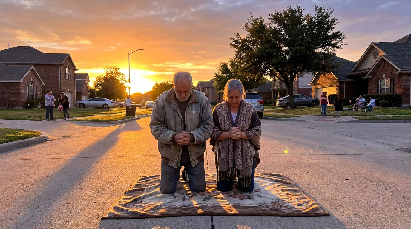 Two people pray while walking a quiet neighborhood at sunrise.