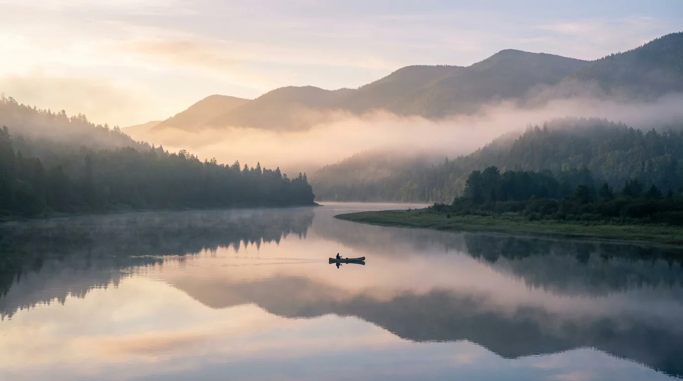 A tranquil dawn over misty mountains and a reflective river, inviting wonder.