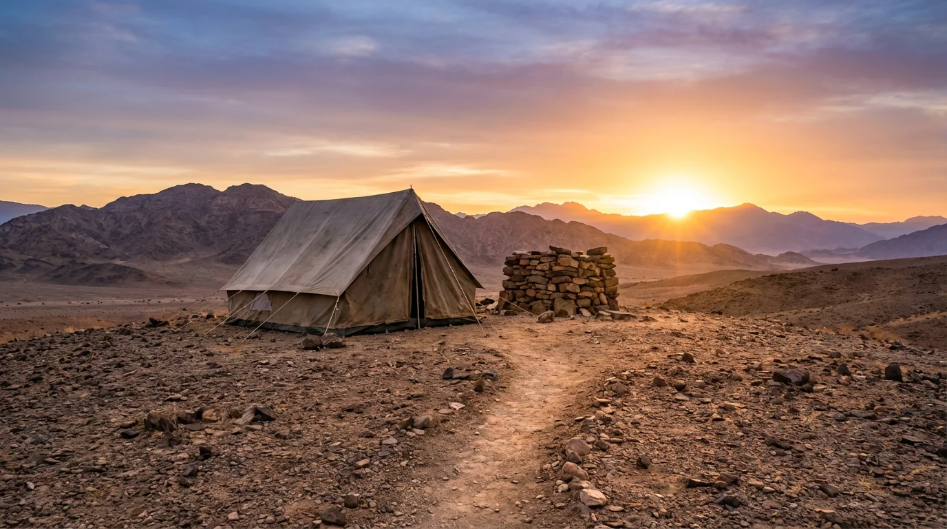 A quiet desert dawn with a tent, a small stone altar, and a footpath leading into open country.