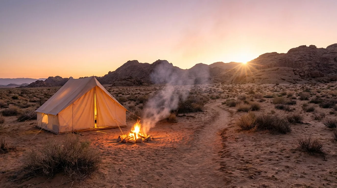 A dawn desert scene with a tent, small fire, and a path leading into the hills.