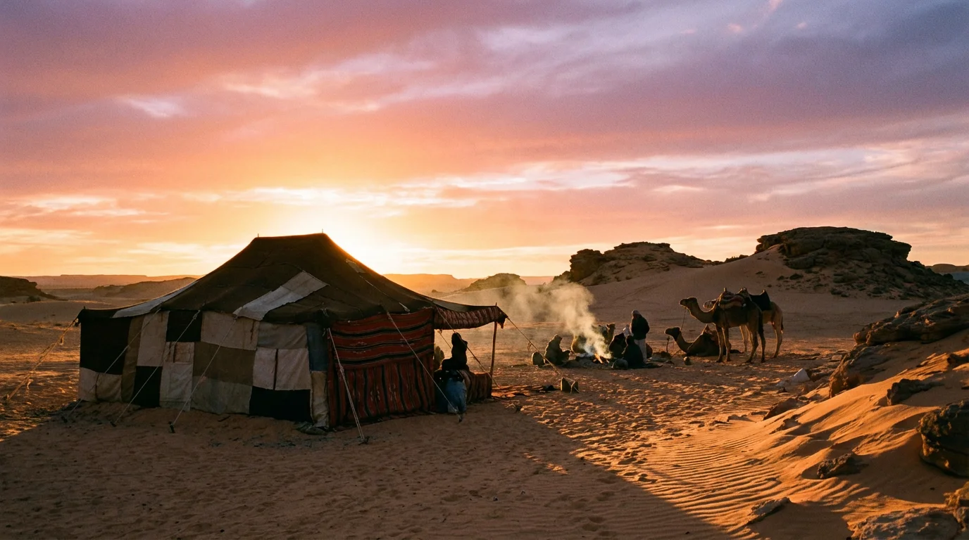 A sunrise over a simple desert tent, evoking Sarah’s journey of faith.