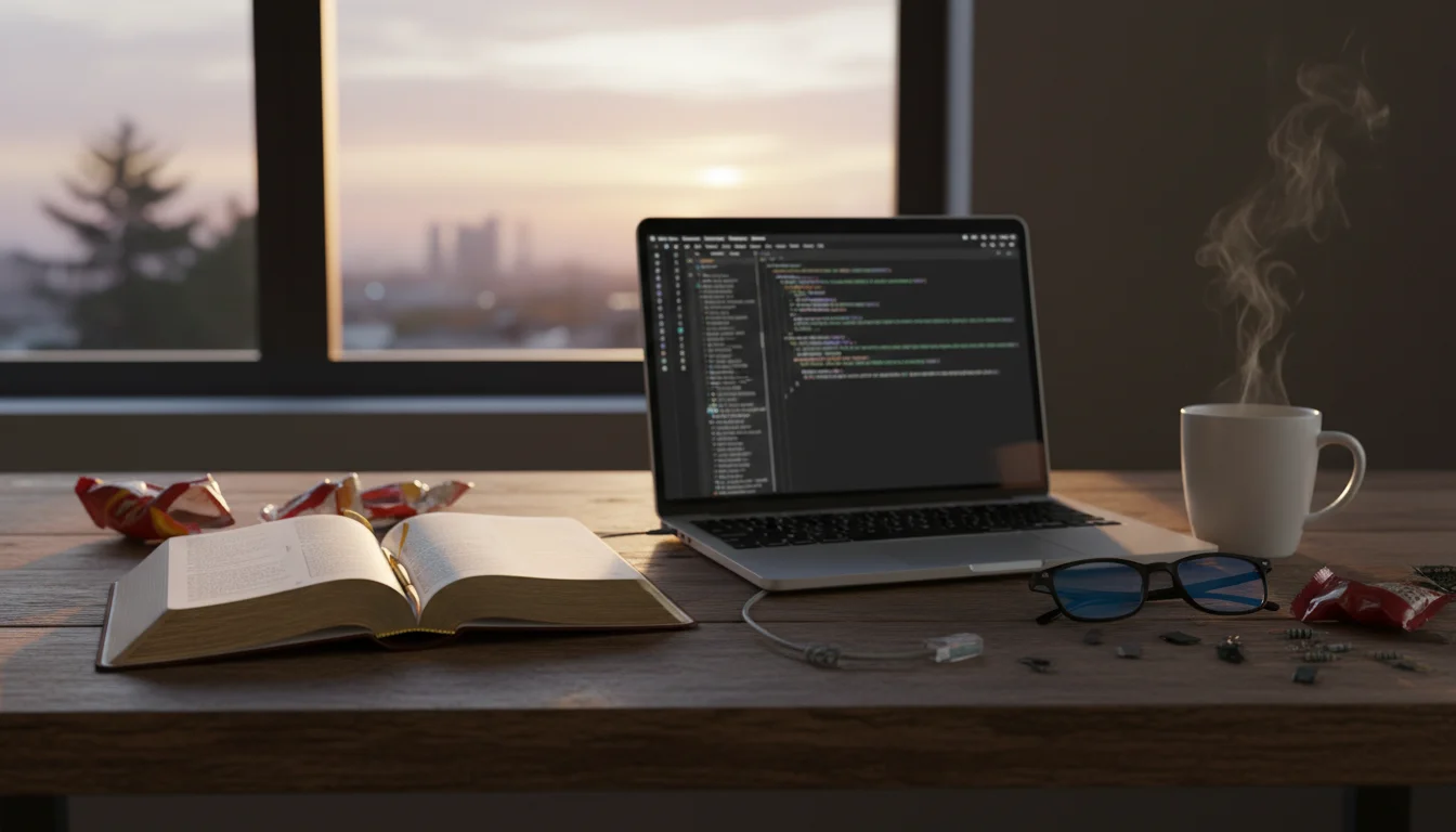 A peaceful developer’s desk with an open Bible, laptop, and coffee at dawn.