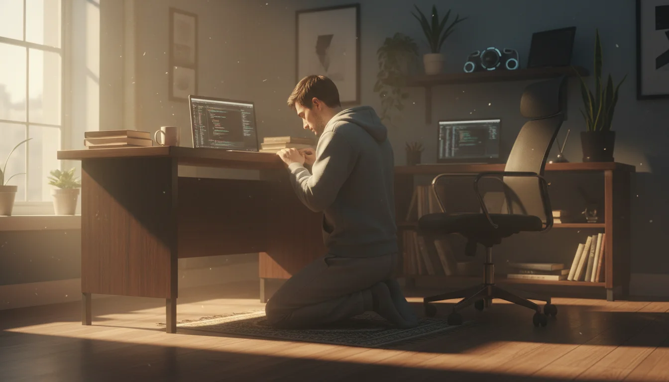 A programmer pauses in prayer at a desk as morning light begins.