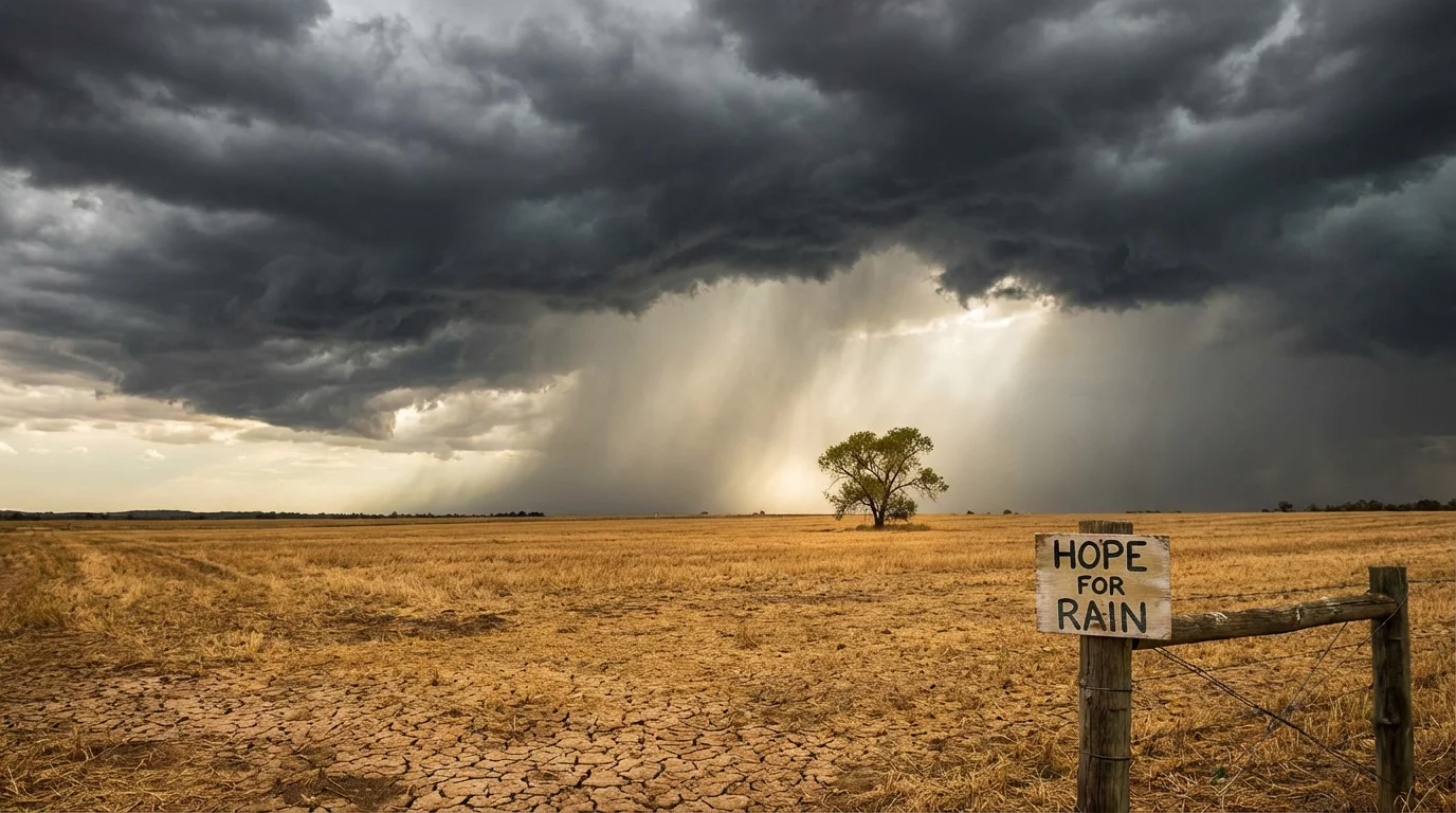 A dry field under gathering storm clouds suggests hope for coming rain.