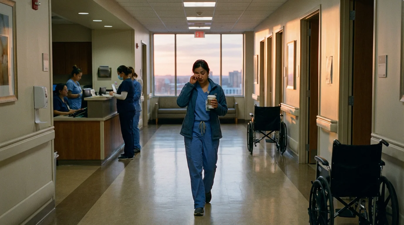 A physician pauses in a quiet hospital corridor at dawn before starting rounds.