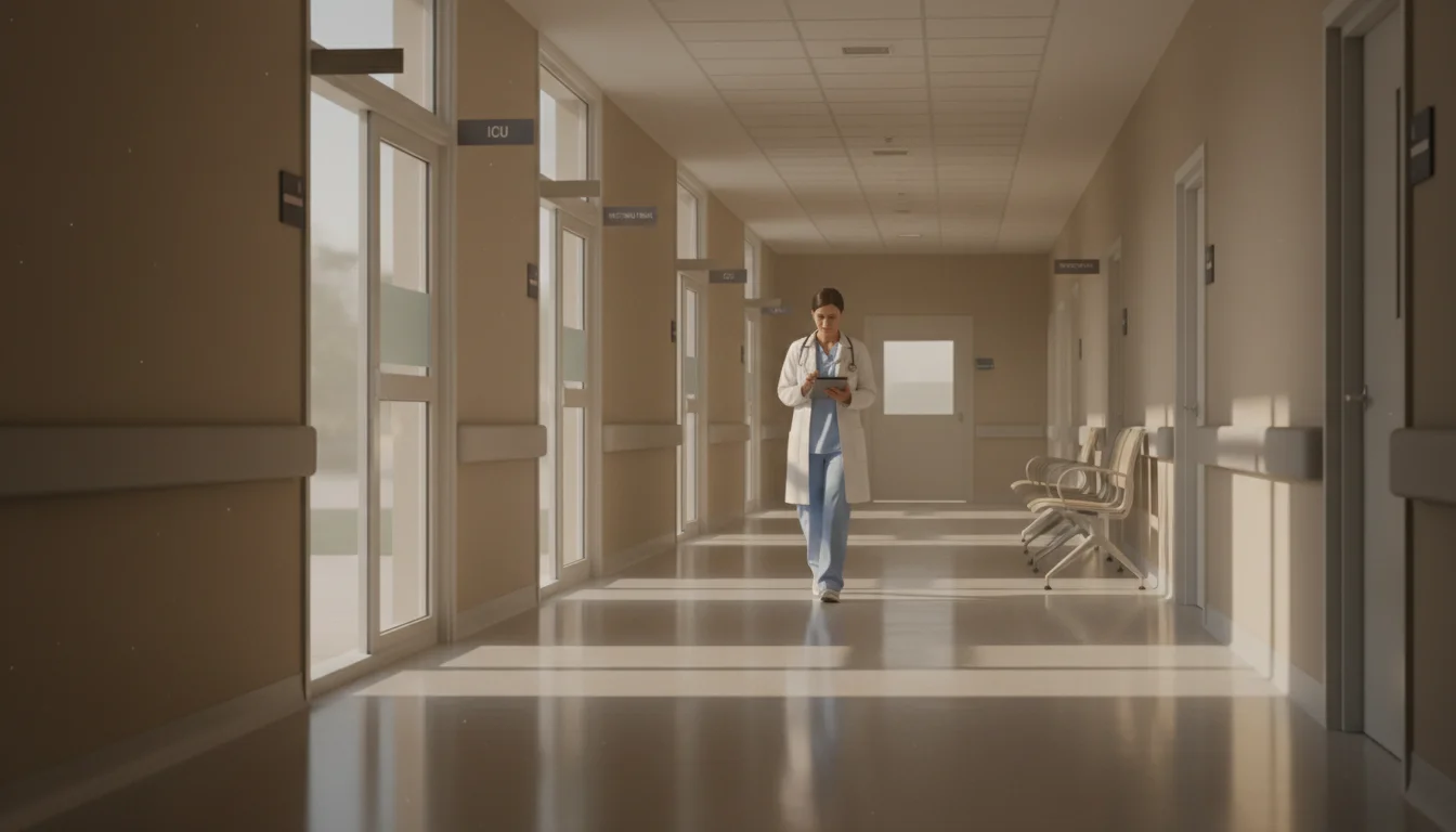 A doctor walking a quiet hospital hallway at dawn, calm and focused.