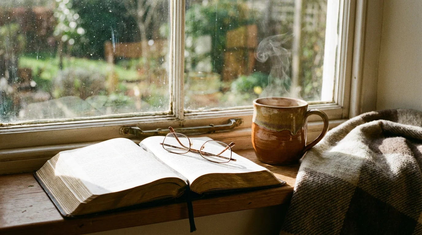 An open Bible by a window with a warm mug, inviting quiet study.