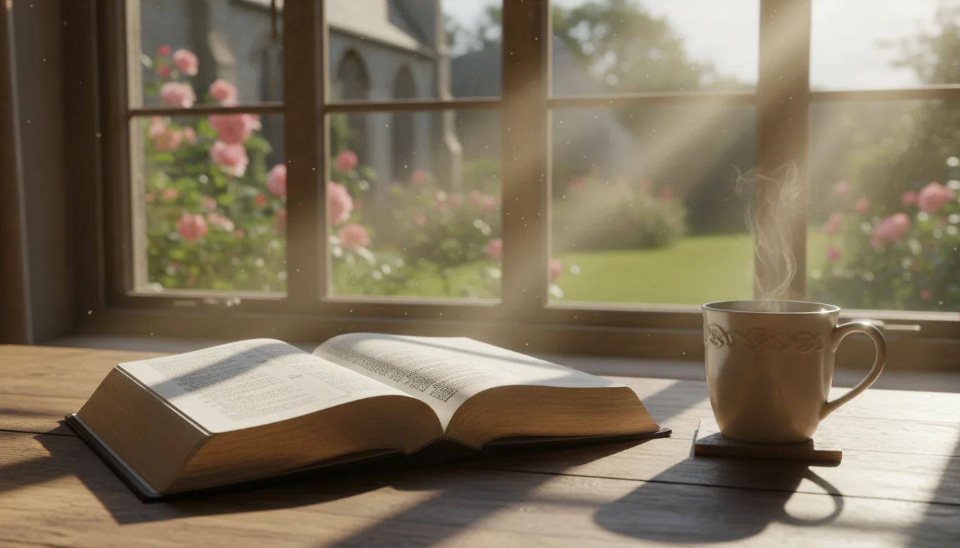 Open Bible by a sunlit window with a mug, inviting quiet reflection.
