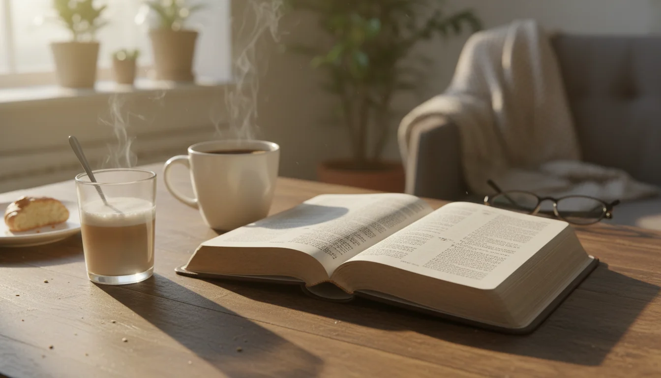 Open Bible and coffee on a small table in morning light.